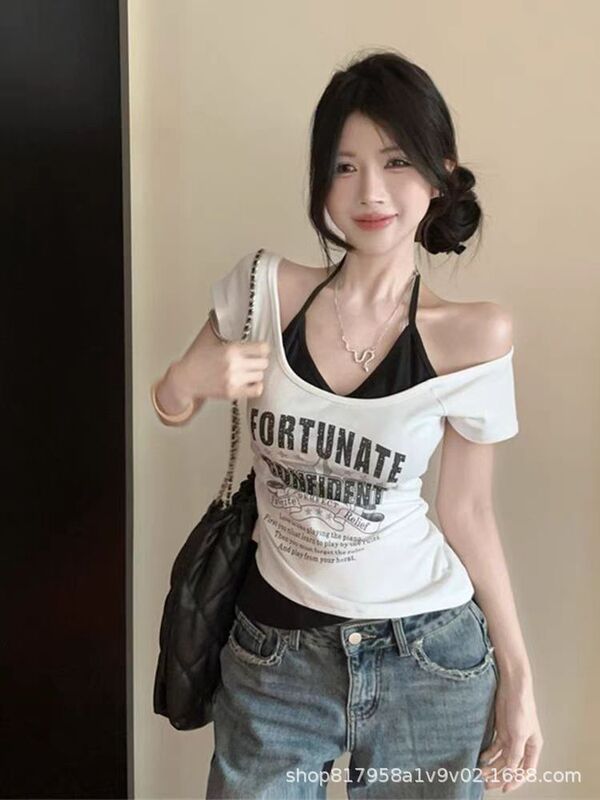 辣妹撞色假两件挂脖短袖t恤女夏季小个子设计感修身显瘦短款上衣|undefined