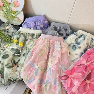 2025新款法式重工亮片立体花朵网纱半身裙女高腰A字宽松大摆伞裙