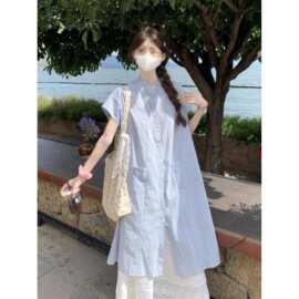 黎帮主 法式甜美立领蓝色条纹衬衫连衣裙女休闲宽松叠穿春夏