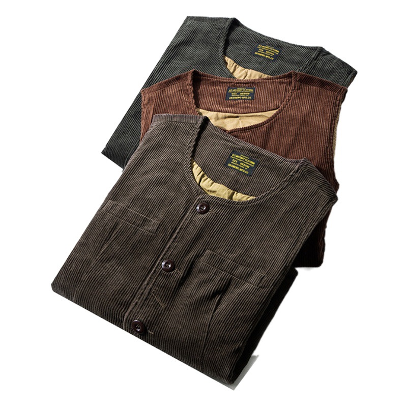 OKONKWO Otoño e Invierno Nuevo Chaleco de pana gruesa Chaleco de herramientas ferroviarias multibolsillos de color sólido retro europeo y americano