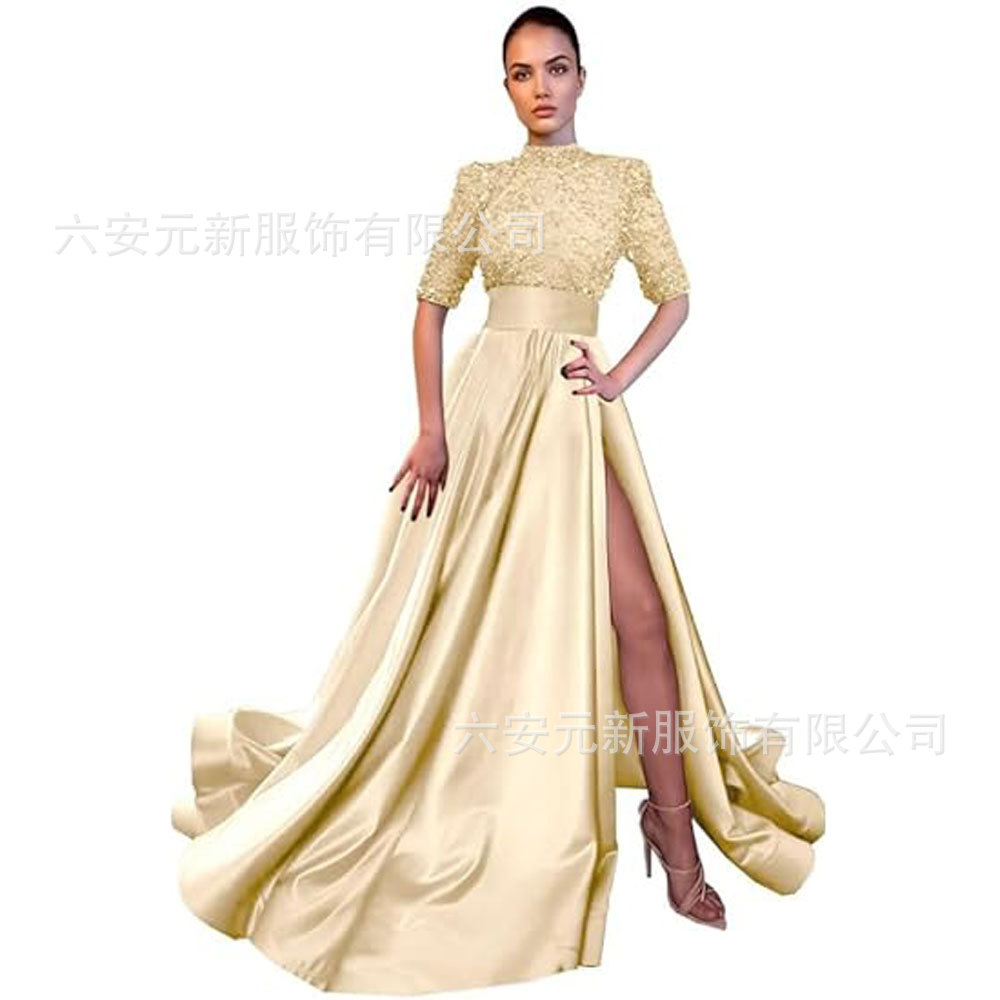 Europeo y americano Amazon AliExpress vestido de fiesta media manga lentejuelas satén vestido de noche A-line vestido de fiesta de hendidura image 27