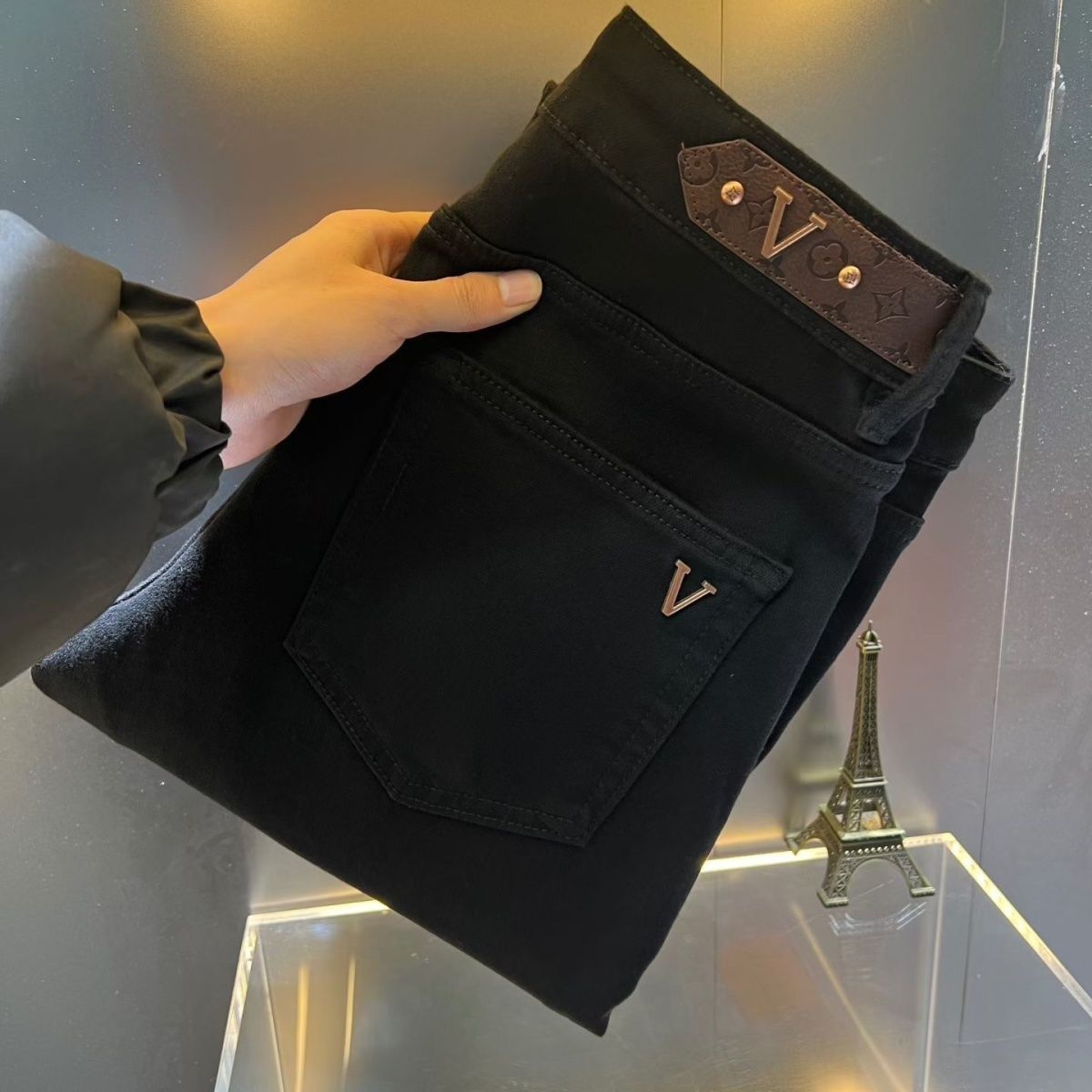 Kişi üçün yuyulmuş qara cins şalvar, slim fit