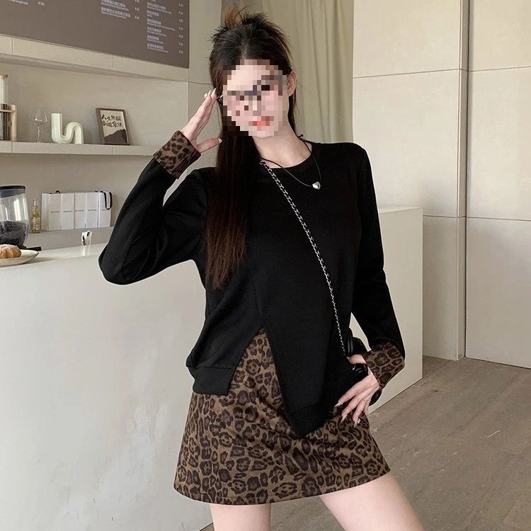 大码女装春秋季新款时尚碎花连衣裙胖MM藏肉显瘦不规则卫衣两件套|undefined