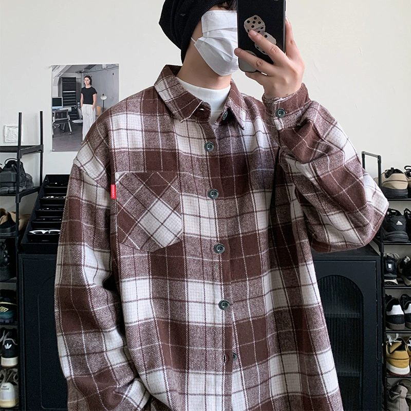 Ретро клетчатая рубашка мужская весна и осень плюс жир зимой