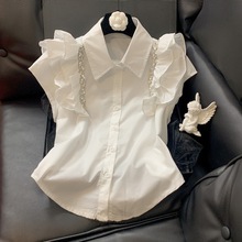 重工镶钻白色衬衫女2024夏季新款气质法式设计感小众不规则上衣