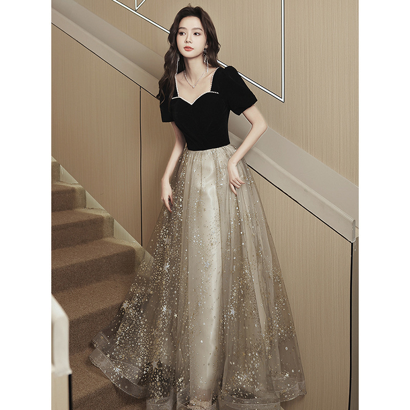 Evening Dress for Women 2026 New Style Black Dress with a High-End Feel, Suitable for Students' Art Exams, Featuring Elaborate Princess Sleeves and a Large Hem for the Ball Gown