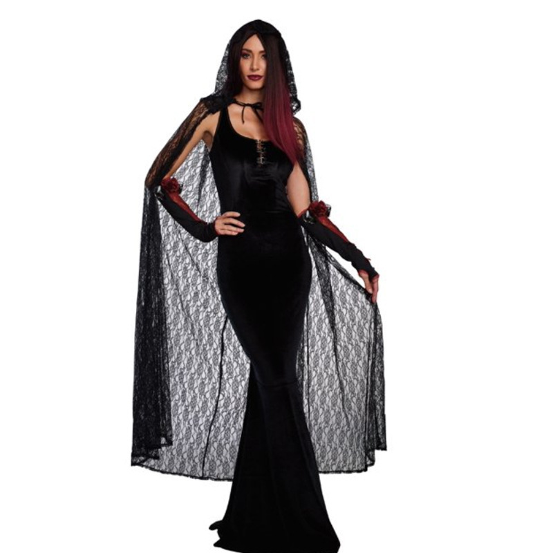 ホット販売ハロウィンブラックレースフード付き魔女マントショール薄いストラップ超ロングマントダークスタイル|undefined