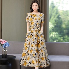 2025 新しい綿とリネンのドレス夏薄いプラスサイズの女性のハイエンドママ気質花柄コットンシルクロングスカート
