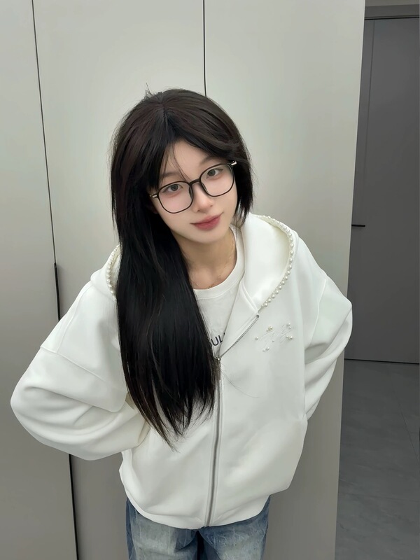 美式潮牌珍珠字母刺绣连帽卫衣女秋季设计感小众宽松复古开衫外套|undefined