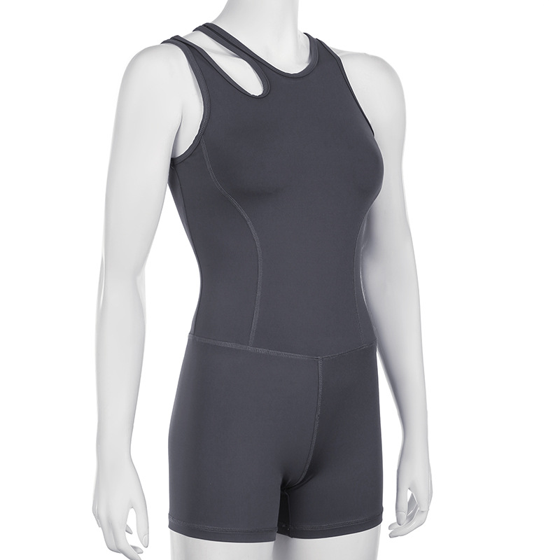 Casual Sports Asymmetric Shoulder Strap Hollow Out Cutout Solid Color Fitness Yoga Jumpsuit Shorts Women