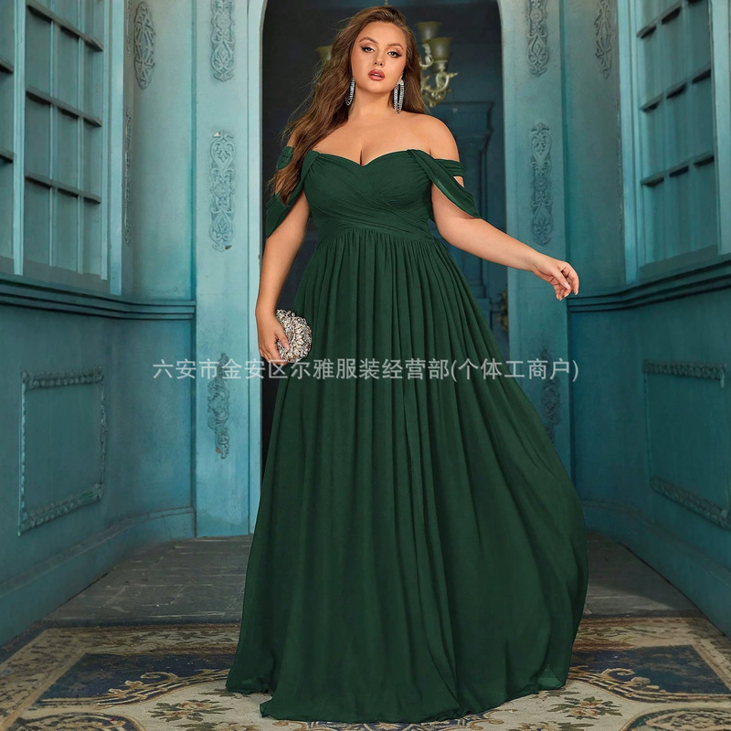 European and American plus-size off-shoulder chiffon evening dress, long style with high slit, for banquets and parties, Amazon foreign trade wholesale dress European and American plus-size off-shoulder chiffon evening dress, long style with high slit, for banquets and parties, Amazon foreign trade wholesale dress