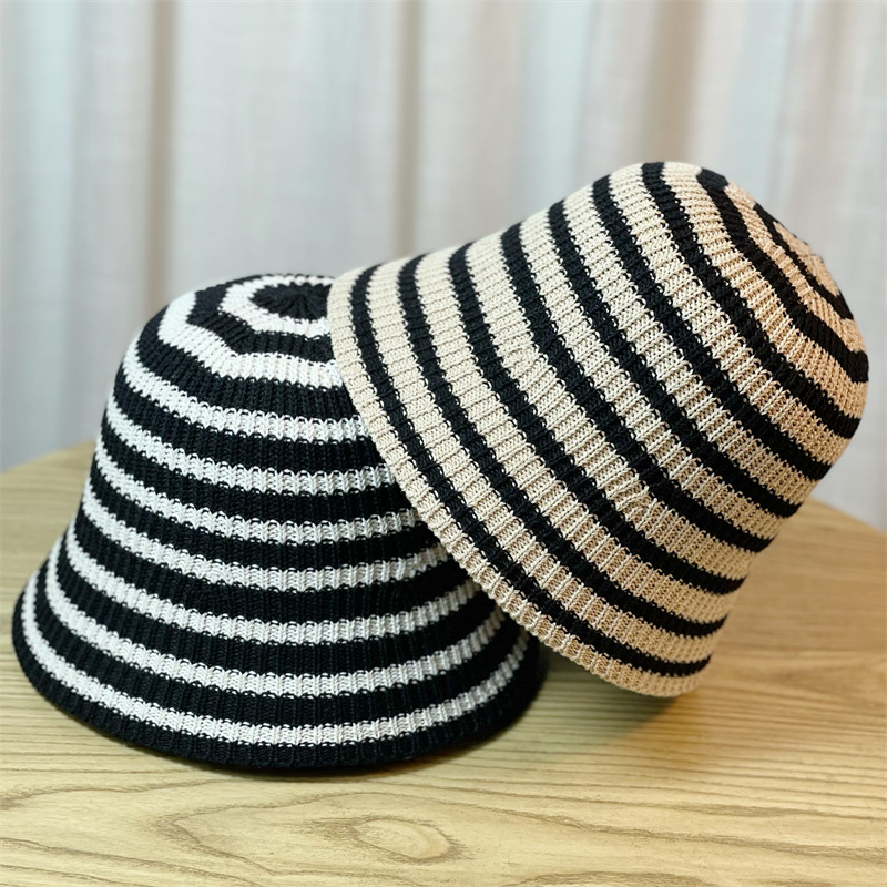 New Hat for Women's Casual Shopping Striped Fisherman Hat, Korean Version, Fashionable and Versatile Knitted Round Top Basin Hat, Foldable and Trendy_voghion.com
