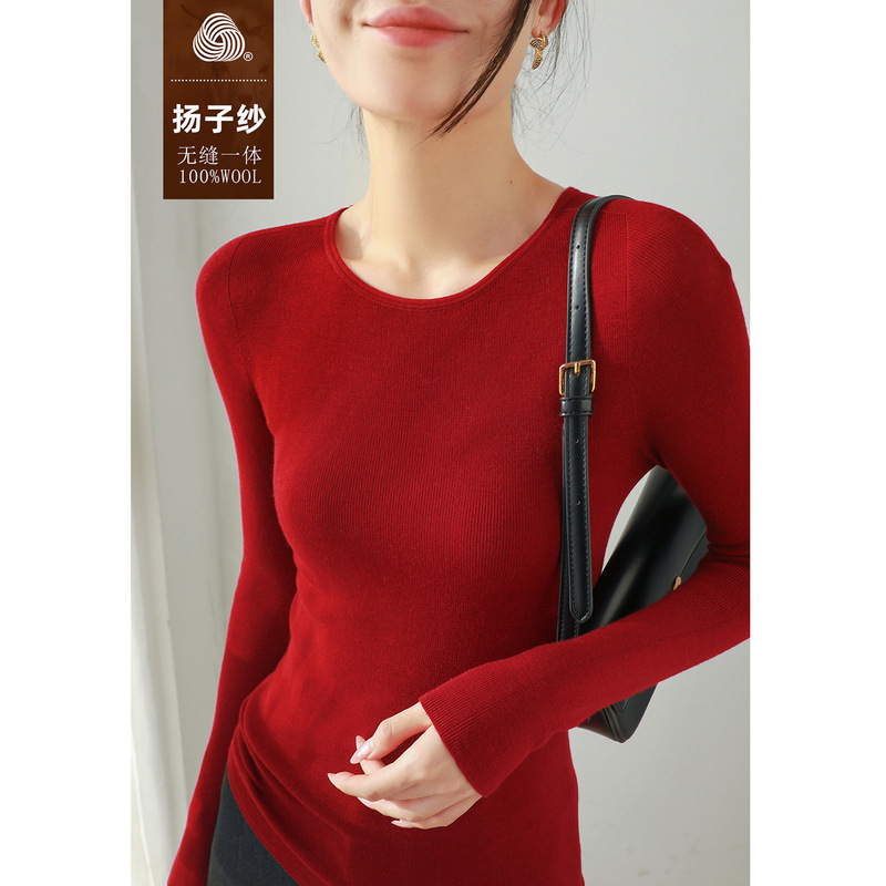 Red Yangtze Yarn 100% Wool Seamless Knitwear Women's Autumn Round Neck Long-Sleeved Inner Layering Shirt Top