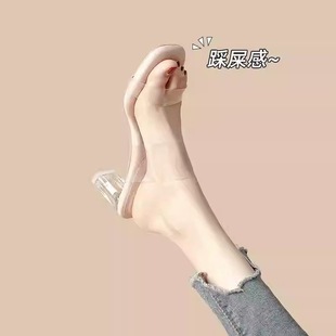 Trendy Versatile New Chinese Style Transparent High-Heeled Sandals for Women, Summer New Chunky Heel Outdoor Slippers for Women
