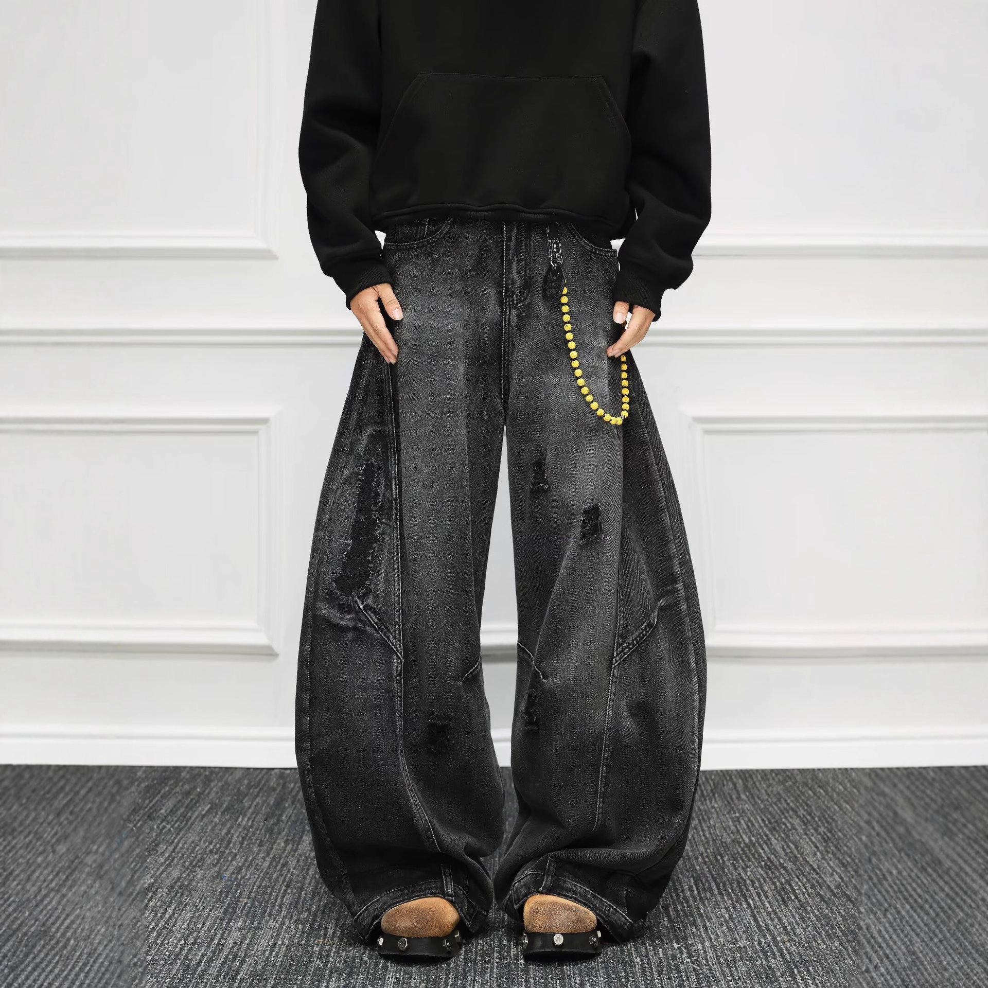 American Retro Distressed Design Scimitar Jeans for Men and Women 2025 Spring & Fall New Loose Straight Washed Pants