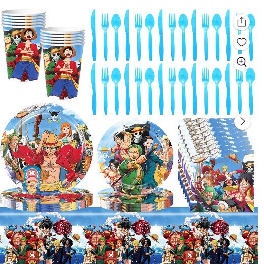 One Piece Themed Birthday Party Decoration Tableware Luffy Disposable Paper Plates Paper Cups Tablecloth Balloons Cake Toppers