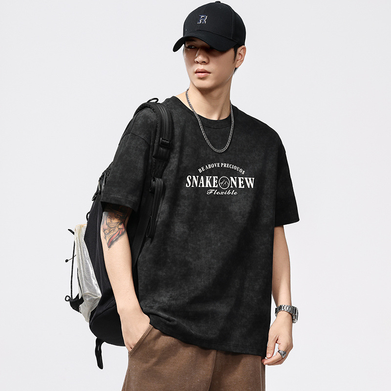 T3511|大码男装夏季新品260G重磅砂洗印花T恤男宽松潮牌落肩短袖