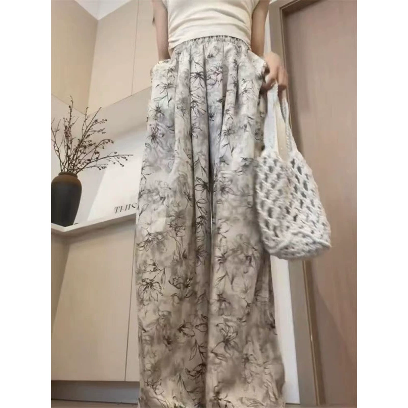 Широкие брюки из ледяного шелка для женщин, летние тонкие 2025, высокая талия, драпированные, повседневные, в китайском стиле, с эффектом тай-дай, шифоновые, защитные от солнца.