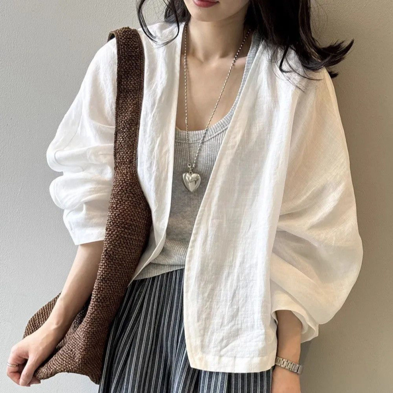 Cardigan Top Shirt Jacket Women's Retro Sun Protection Shirt Design Literary Loose Long-Sleeved White Thin Summer Solid Color