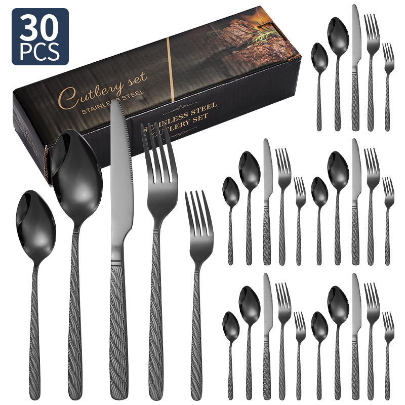 Vajilla de acero inoxidable de Amazon, bistec, cuchillo, tenedor, cuchara, cuerda de cáñamo, juego de 20/24/30 piezas, juego de cuchillo y tenedor de comida occidental de hotel