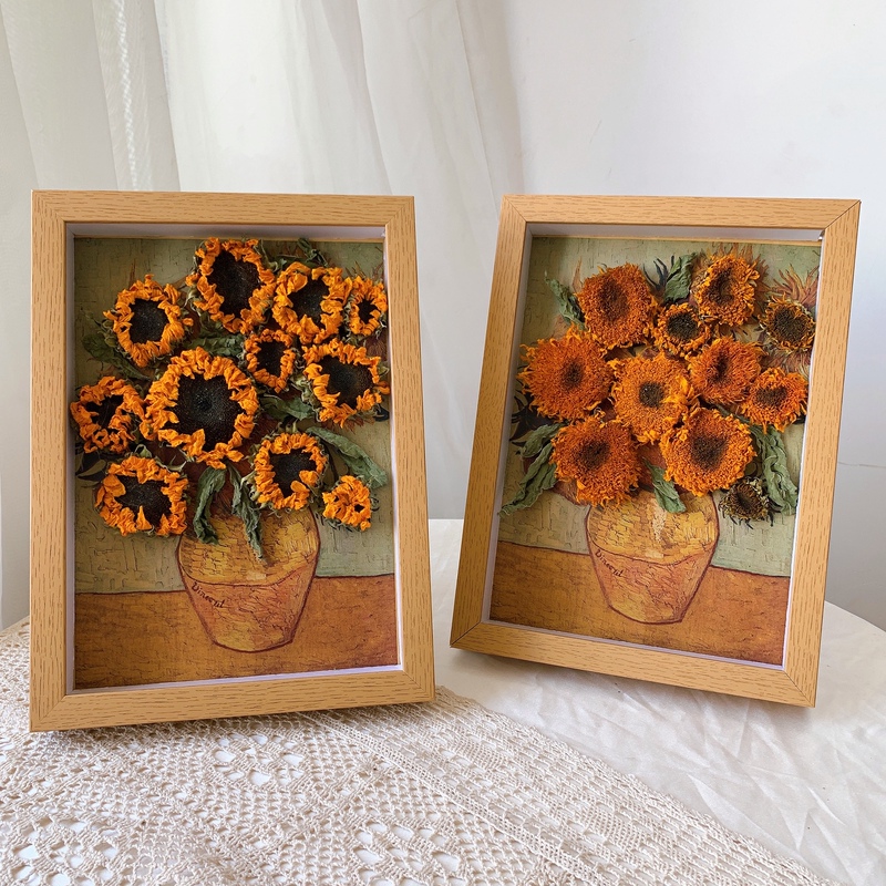 Dried Flower Photo Frame Van Gogh Sunflower Natural Real Flower Retro Creative Wall Hanging Decorative Painting Ornaments Gift