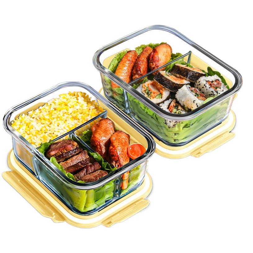 Cuenco de mantenimiento fresco de vidrio rectangular, caja de almuerzo de calentamiento de microondas, lonchera de vidrio transparente, lonchera redonda, lonchera, vidrio