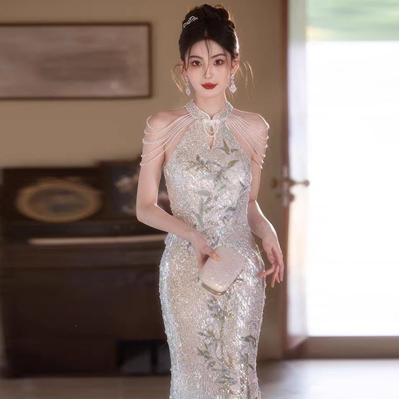 Sequined Evening Gown Women's Light Luxury Mermaid Dress Waist Cinching New Style Host Performance Costume_ecoleips.com