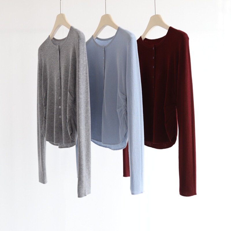 16 Pin 33 Wool Women's Crewneck Long Sleeve Tight Waist Cardigan Women's Spring Short Pleated Knitted Coat Top