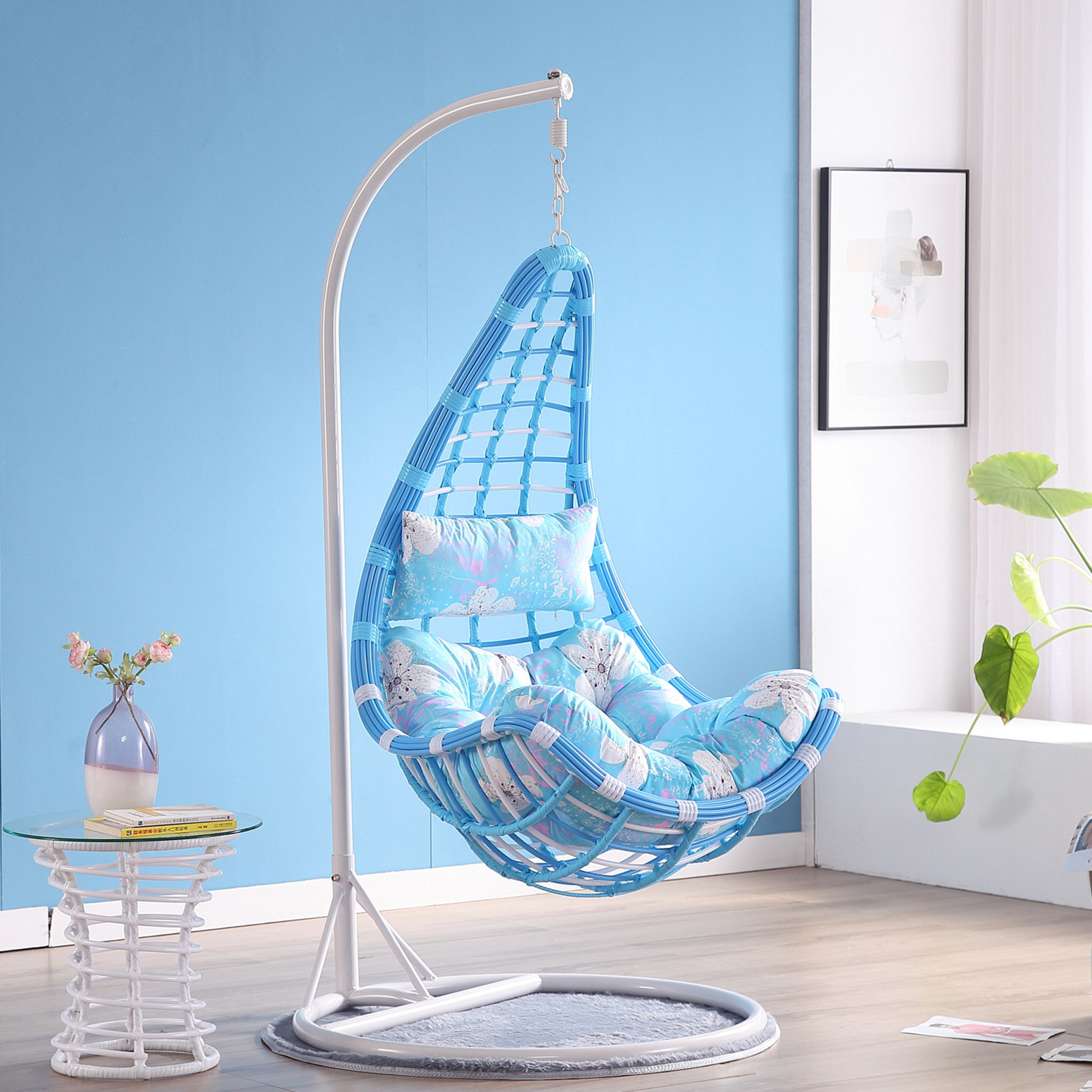 파란색 + 흰색 달 두꺼운 지원 쿠션 + 카펫