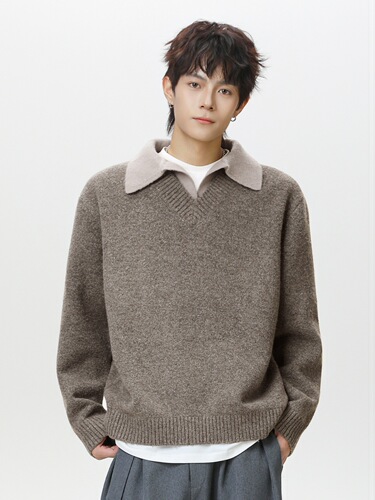 Old money style texture fake two-piece V-neck sweater men's autumn and winter new retro lapel polo sweater thermal coat