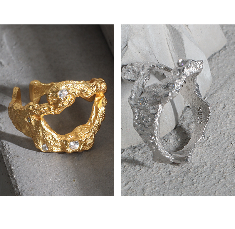 niche irregular surface micro-inlaid zircon texture S925 silver open ring