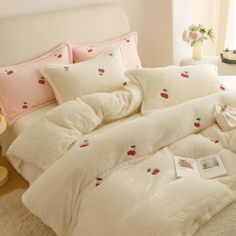 A Teddy velvet autumn and winter warm thick four-piece set of young girl's heart ins wind cherry embroidery lint-free anti-static