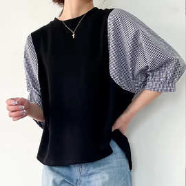 2026春夏季新款 格子拼接圆领简约 宽松蝙蝠型中袖 女 百搭T恤