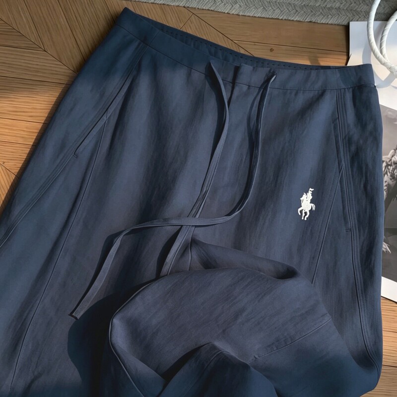 Embroidered pony cotton-linen trendy casual pants for women, summer high-end loose versatile thin straight wide-leg long pants Embroidered pony cotton-linen trendy casual pants for women, summer high-end loose versatile thin straight wide-leg long pants