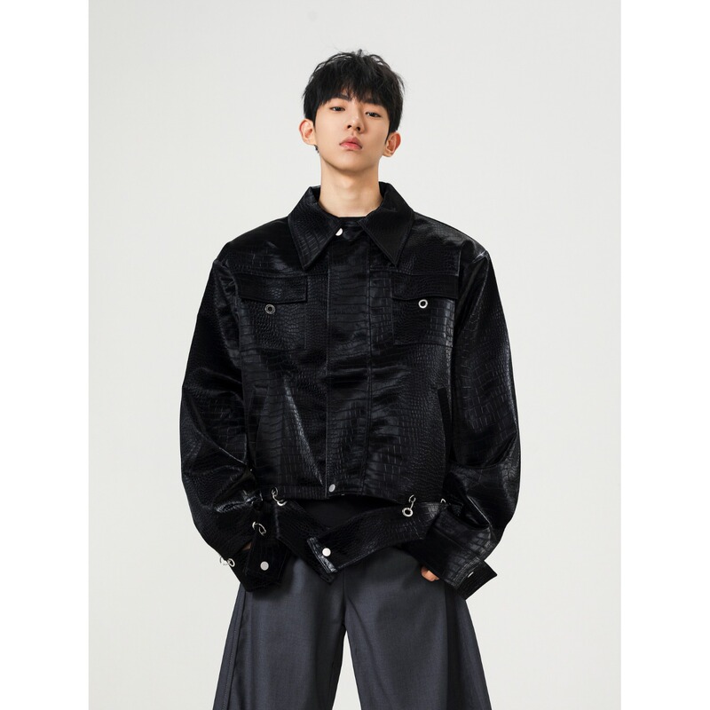 Autumn Retro High Street Niche Crocodile Pattern Shoulder Pad Pu Leather Jacket with Splicing Design, Handsome and High-End Jacket Autumn Retro High Street Niche Crocodile Pattern Shoulder Pad Pu Leather Jacket with Splicing Design, Handsome and High-End Jacket