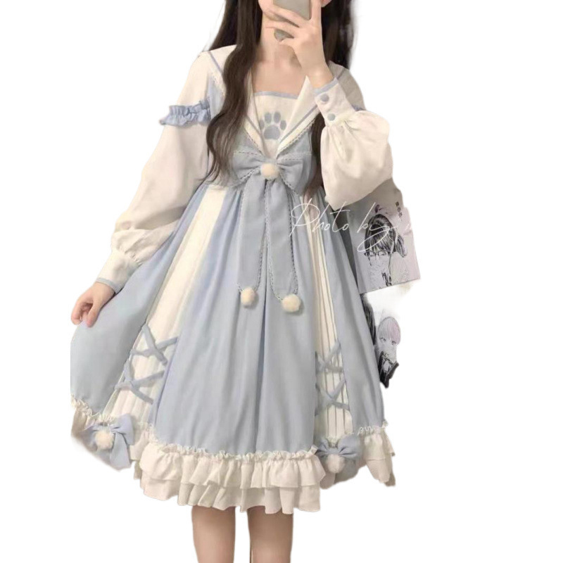 大码女装300斤软妹洋装lolita蓝色连衣裙洛丽塔日常学院风轻lo裙|undefined