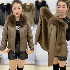 皮衣外套加绒加厚冬季新款可拆卸毛领洋气时尚保暖女士皮夹克外套