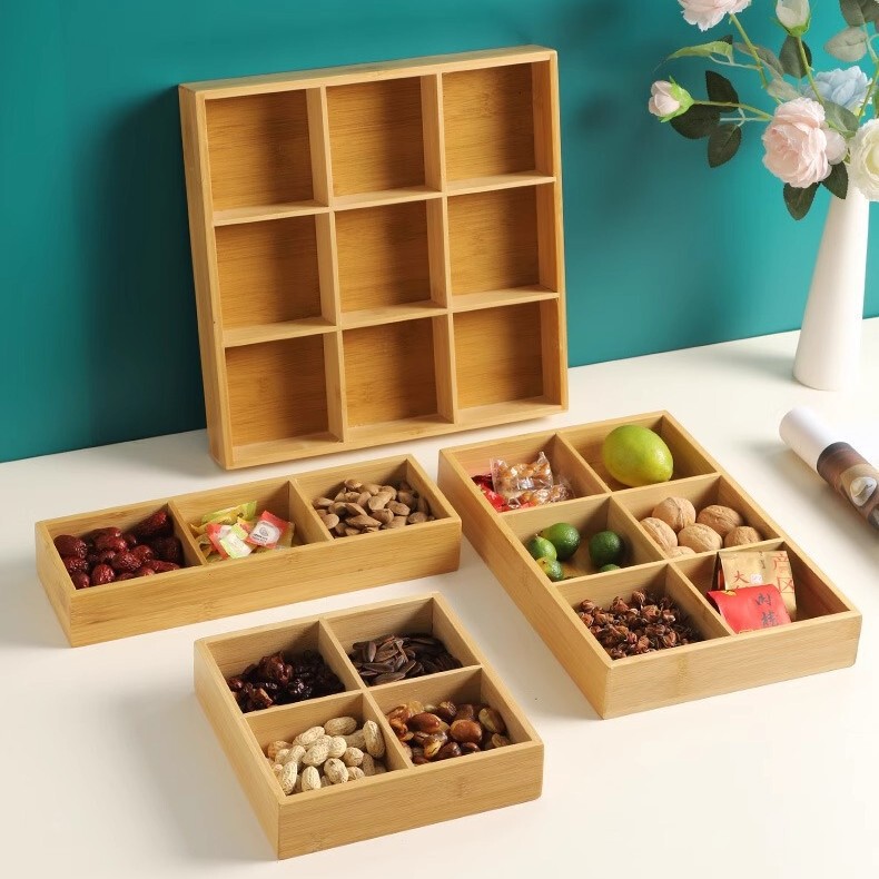 Factory direct Jiugongge storage snack plate household dried fruit snack plate bamboo small pastry compartment tray Factory direct Jiugongge storage snack plate household dried fruit snack plate bamboo small pastry compartment tray