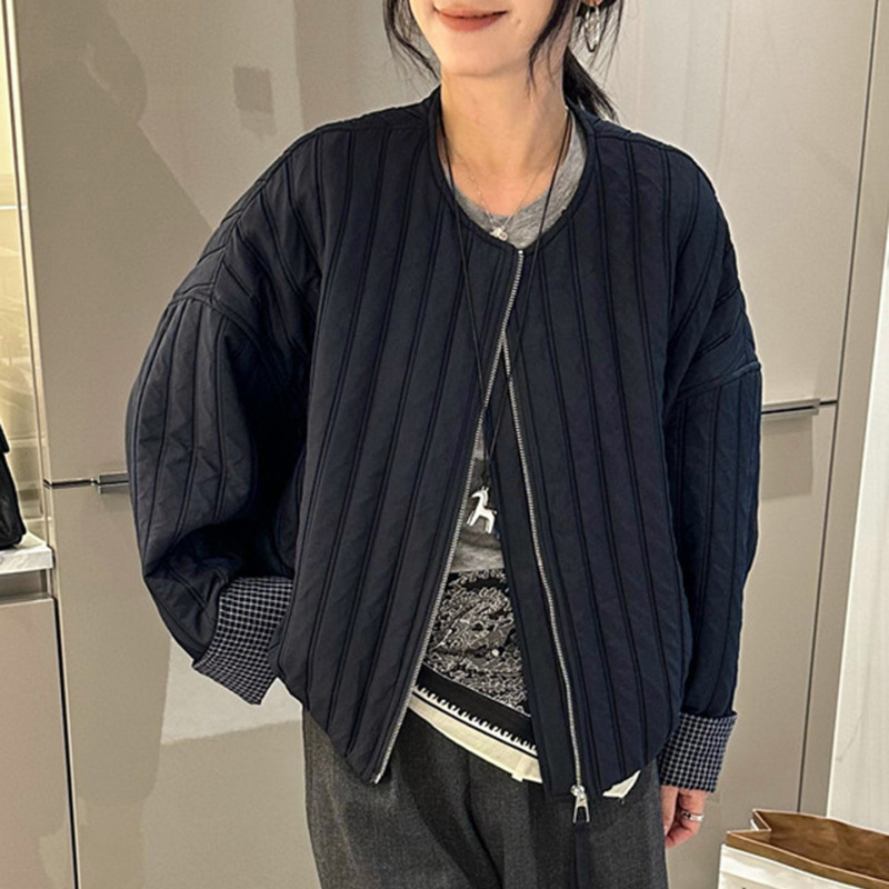 撞色拼接薄棉圆领开衫短外套女2025秋季新款宽松显瘦休闲夹克上衣|undefined
