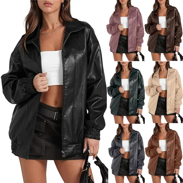 2025 Amazon Independent Site Popular Pu Leather Jacket Long-Sleeved Lapel Zipper Side Flap Pocket Pants Casual Leather Jacket for Women