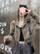 美式短款卫衣女2025新款春秋宽松外穿双拉链连帽开衫外套上衣