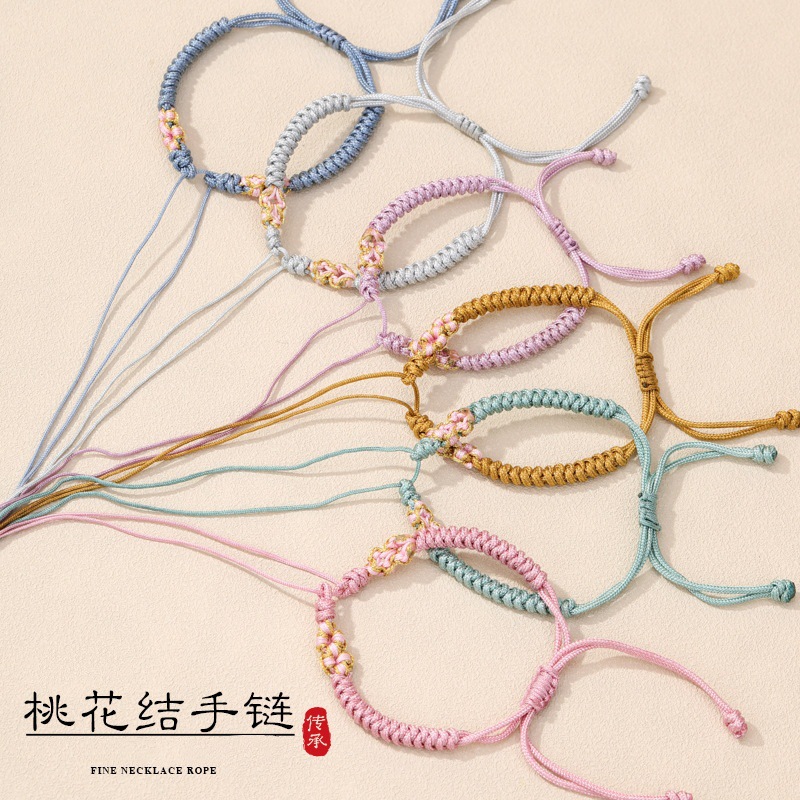 Hand-Woven Double Peach Blossom Diamond Knot Semi-Finished Adjustable Bracelet in Multiple Colors for Men and Women, New Chinese Style, in Stock