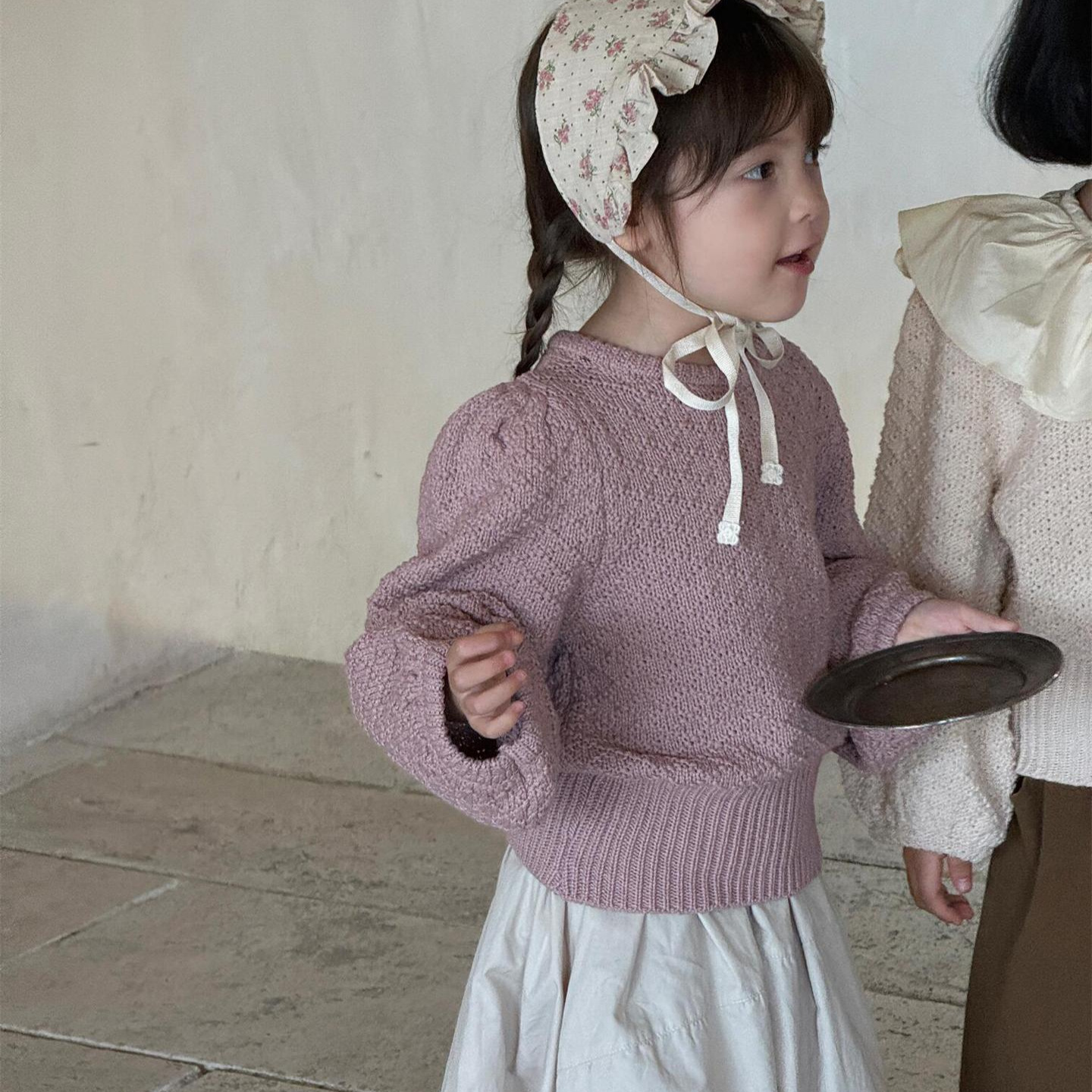 尖子蛋韓系童裝2024秋季新款女童毛衣泡泡袖套頭打底線衫純色百搭