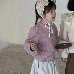 尖子蛋韓系童裝2024秋季新款女童毛衣泡泡袖套頭打底線衫純色百搭