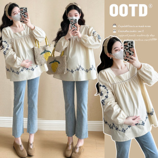 Real Shot All-match 2025 New Pregnant Women Korean Style Square Collar Embroidered Sweet Age-reducing Elegant Doll Shirt Top