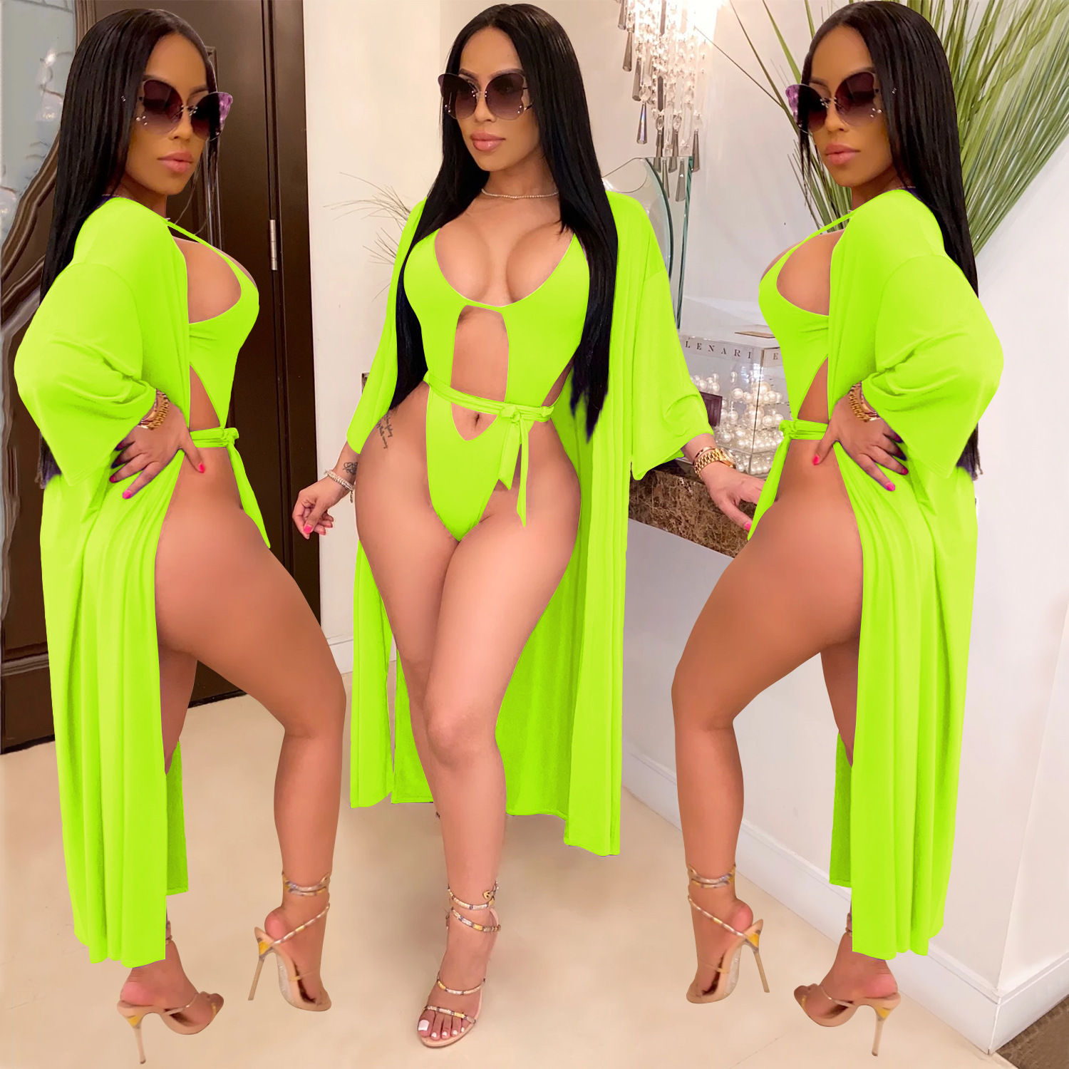 Traje de Baño Entero con Salida de Baño de Mezcla de Algodón y Poliéster, Color Liso, para Playa y Piscina image 4