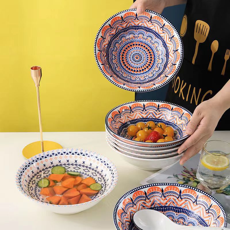 8inch Japanese-Style Household Large Soup Bowl Underglaze Color Craft Bohemian Style Salad Bowl Large Bohemian