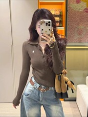 上新大码胖mm韩系2025秋季新款洋气别致上衣女polo领长袖针织衫