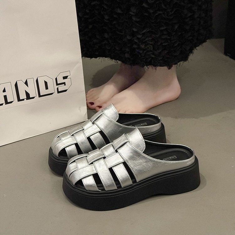 French-Style Woven Closed-Toe Mules for Women, 2025 Spring/Summer New Platform Thick-Soled Hollow Versatile Roman Sandals