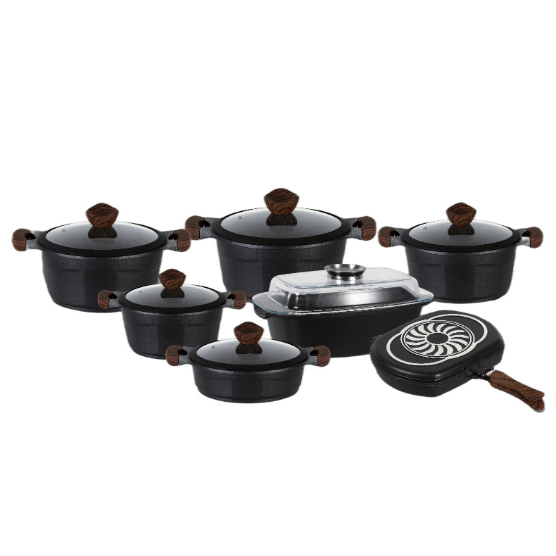 烤盘鱼锅汤锅不粘锅套装14PCS压铸铝锅感应底不粘锅大理石